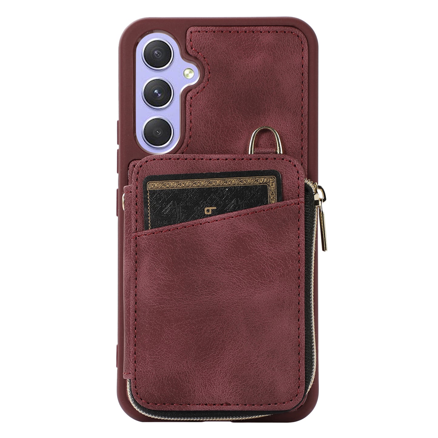 For Samsung Galaxy S24 Case Card Bag Leather TPU Back Cover with Strap - Wine Red