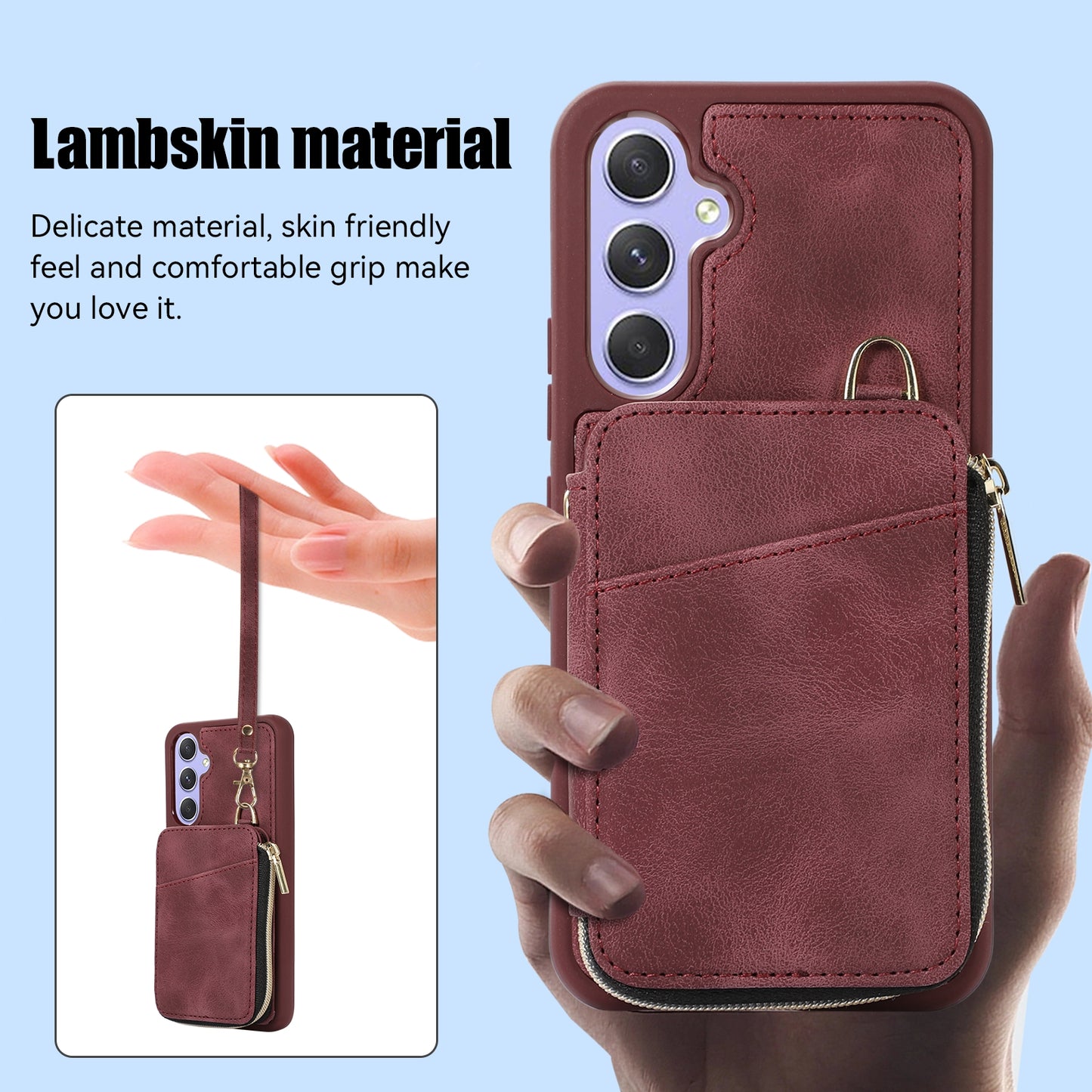 For Samsung Galaxy S24 Case Card Bag Leather TPU Back Cover with Strap - Wine Red