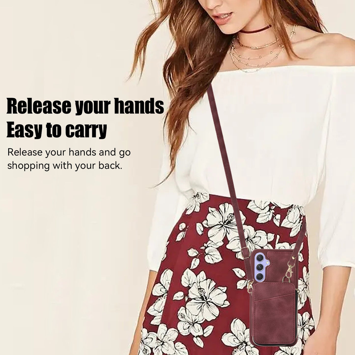 For Samsung Galaxy S24 Case Card Bag Leather TPU Back Cover with Strap - Wine Red