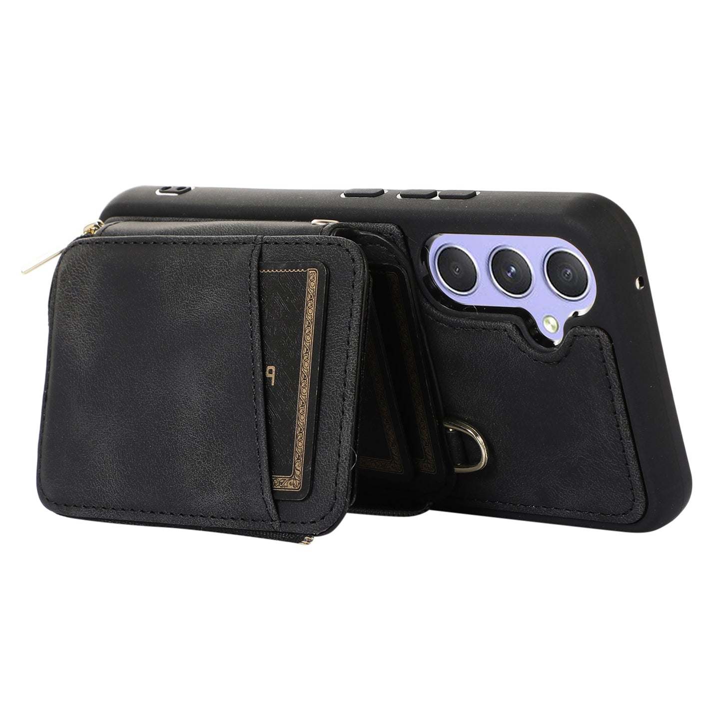 For Samsung Galaxy S24+ Case Leather TPU Cover with Zipper Card Bag Strap - Black
