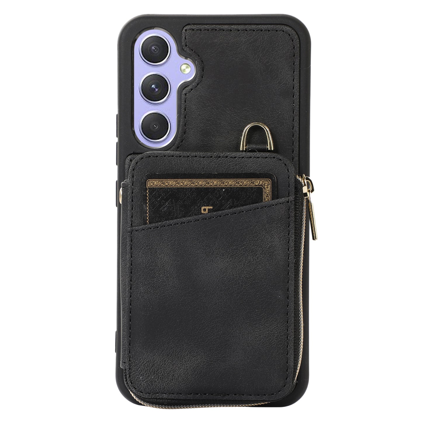 For Samsung Galaxy S24+ Case Leather TPU Cover with Zipper Card Bag Strap - Black