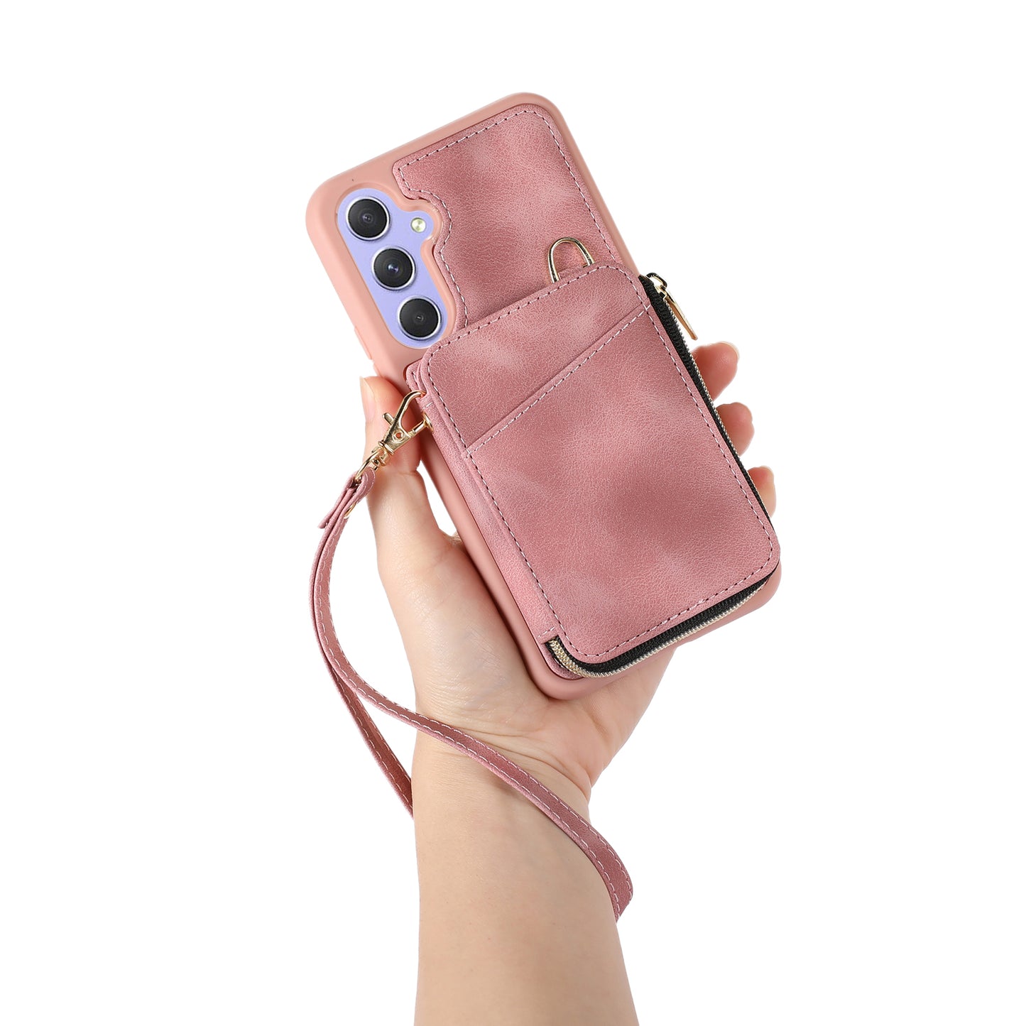 For Samsung Galaxy S24+ Case Leather TPU Cover with Zipper Card Bag Strap - Pink