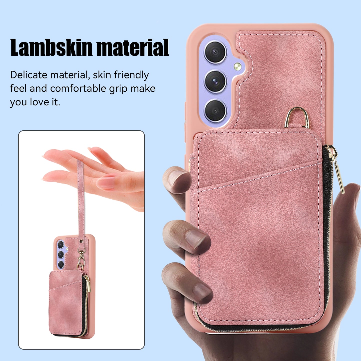 For Samsung Galaxy S24+ Case Leather TPU Cover with Zipper Card Bag Strap - Pink