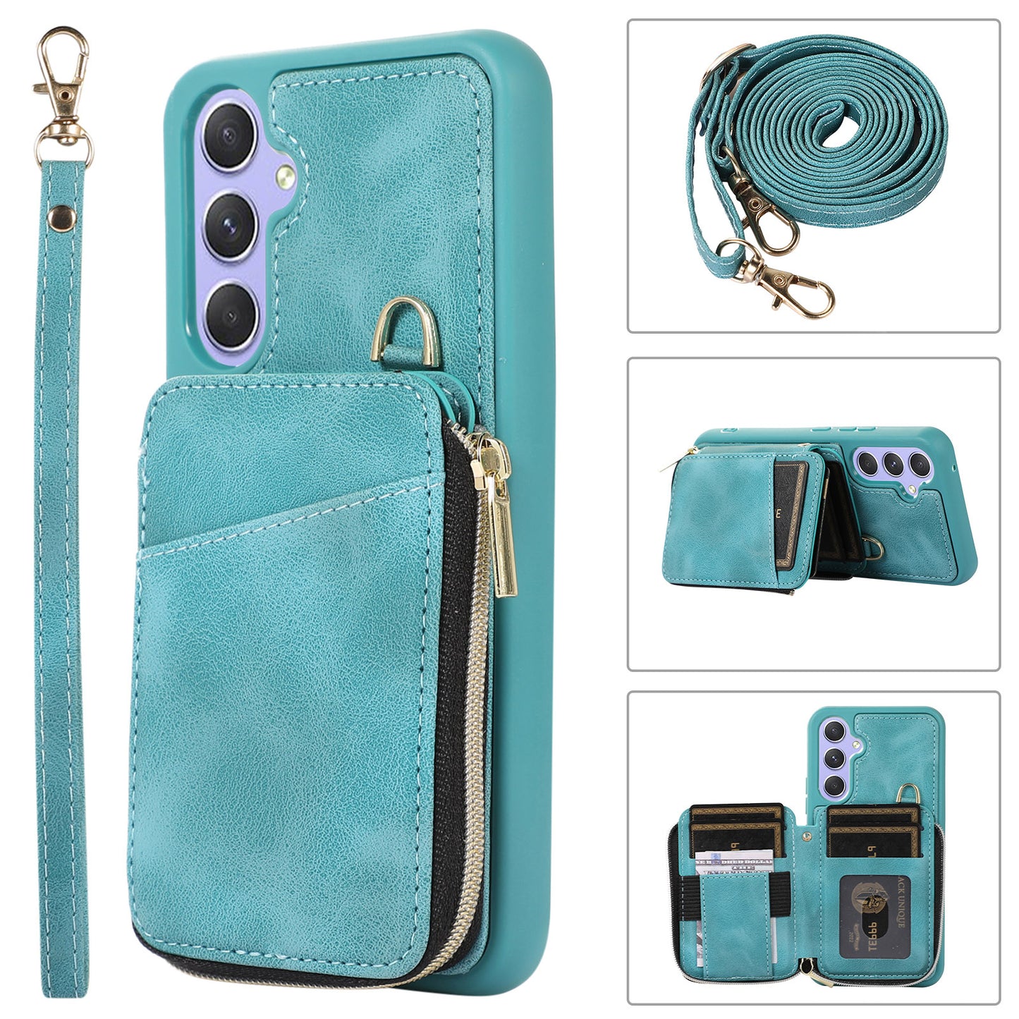 For Samsung Galaxy S24+ Case Leather TPU Cover with Zipper Card Bag Strap - Green