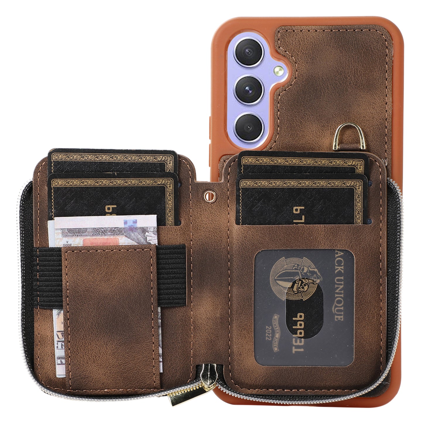 For Samsung Galaxy S24+ Case Leather TPU Cover with Zipper Card Bag Strap - Brown