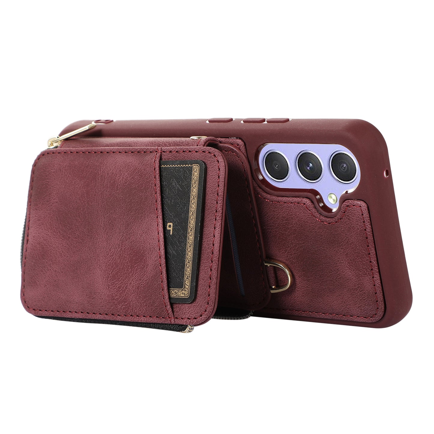 For Samsung Galaxy S24+ Case Leather TPU Cover with Zipper Card Bag Strap - Wine Red