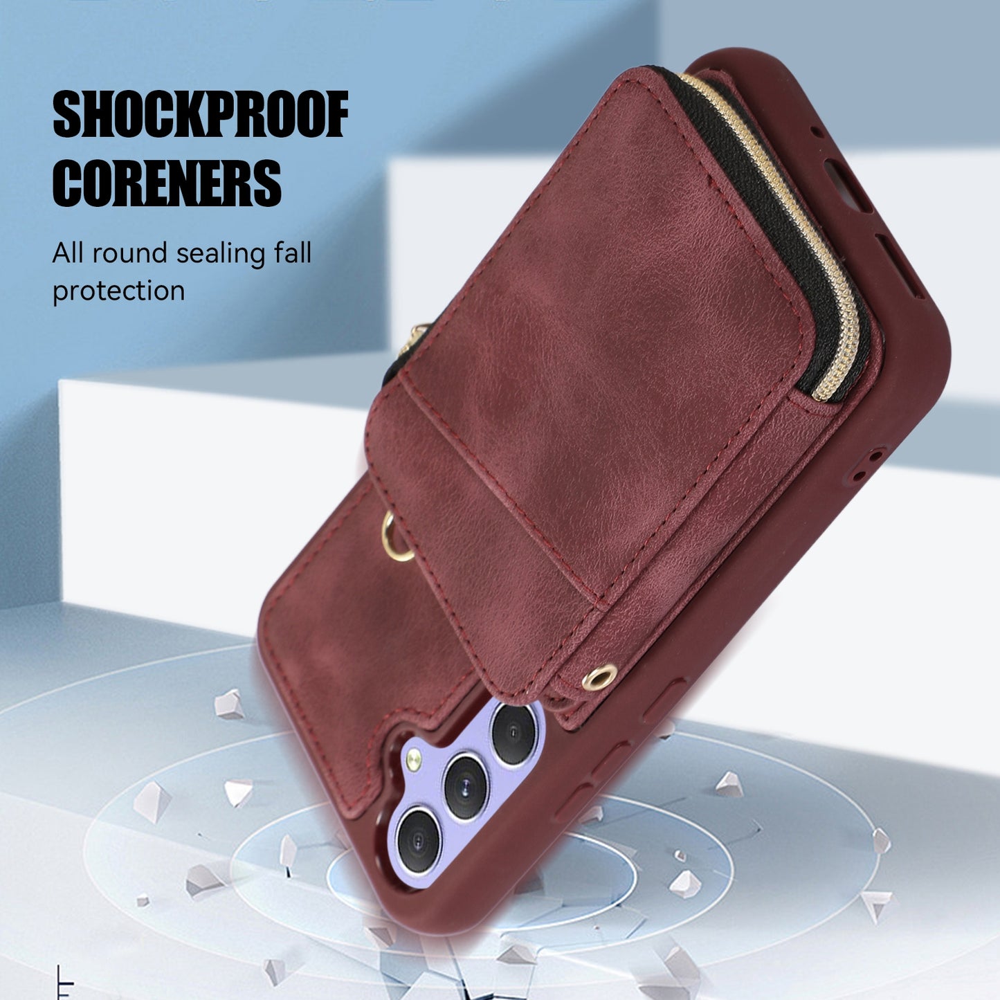 For Samsung Galaxy S24+ Case Leather TPU Cover with Zipper Card Bag Strap - Wine Red
