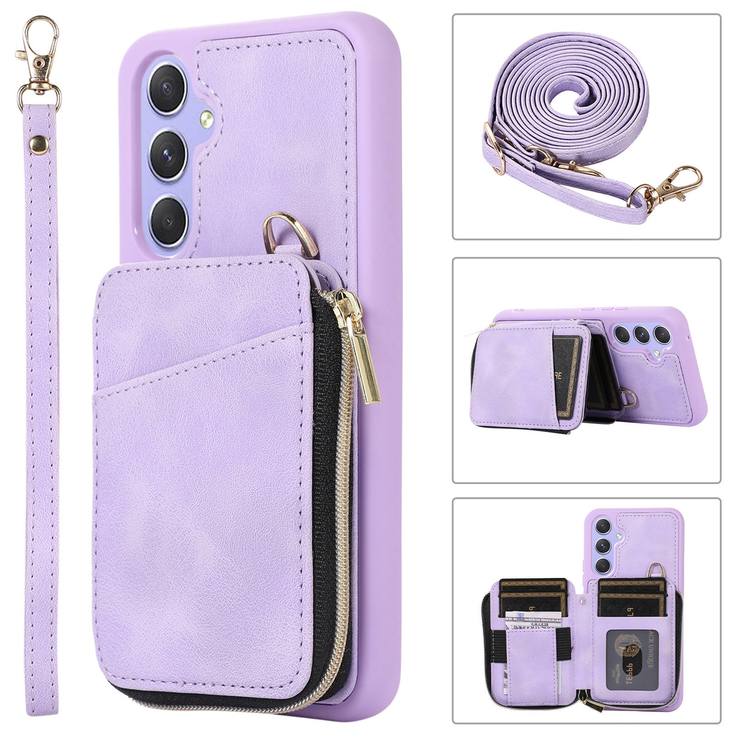 For Samsung Galaxy S24+ Case Leather TPU Cover with Zipper Card Bag Strap - Purple