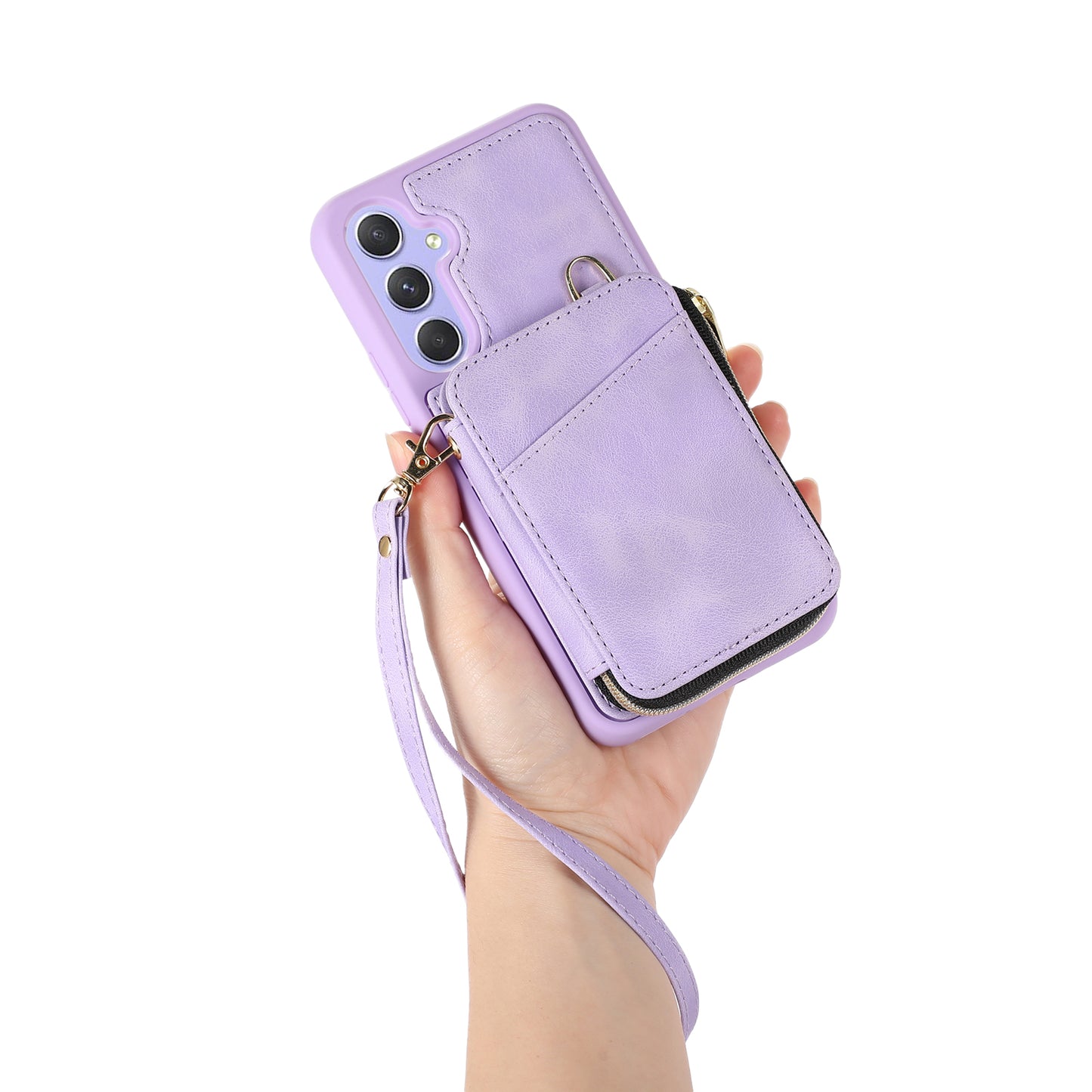For Samsung Galaxy S24+ Case Leather TPU Cover with Zipper Card Bag Strap - Purple