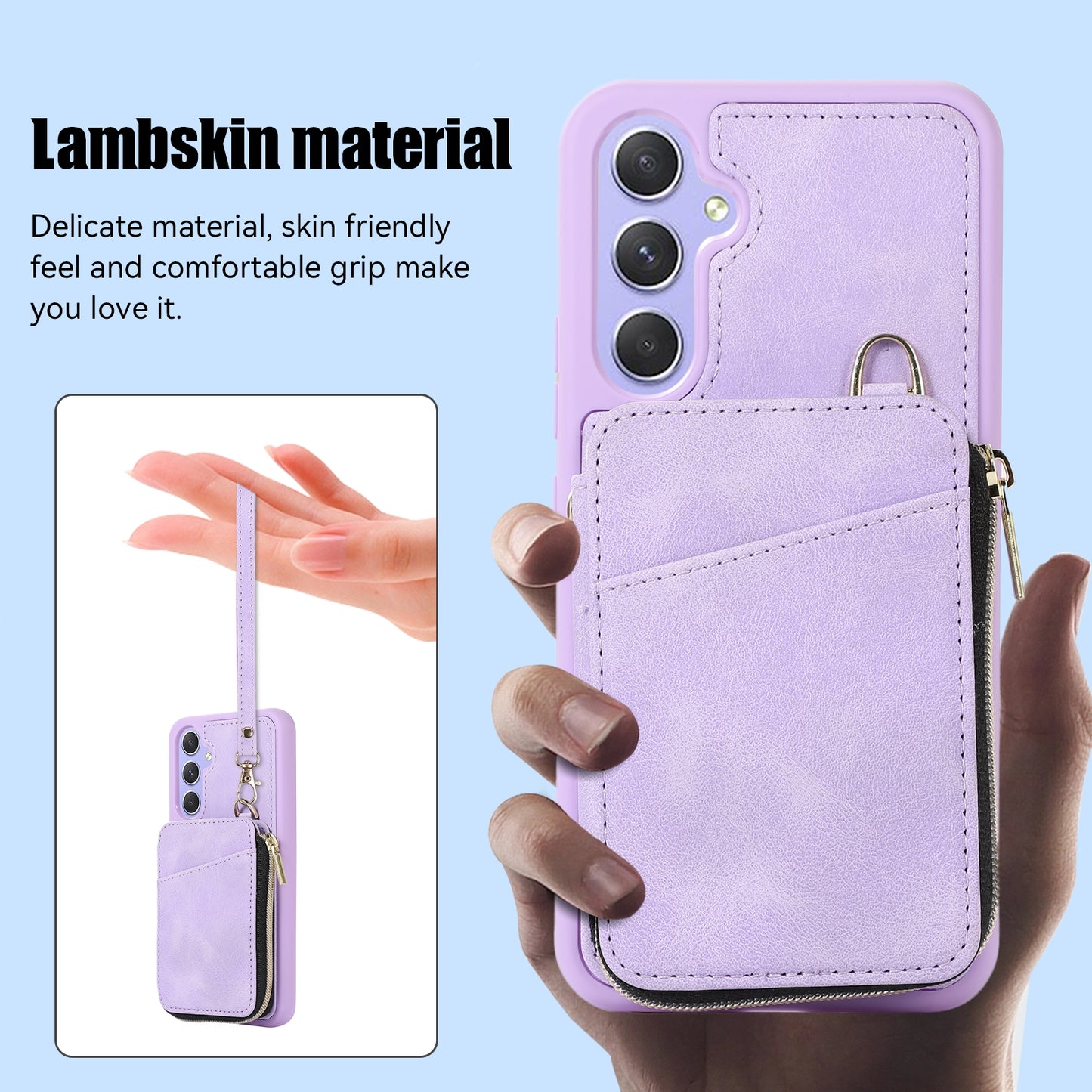 For Samsung Galaxy S24+ Case Leather TPU Cover with Zipper Card Bag Strap - Purple