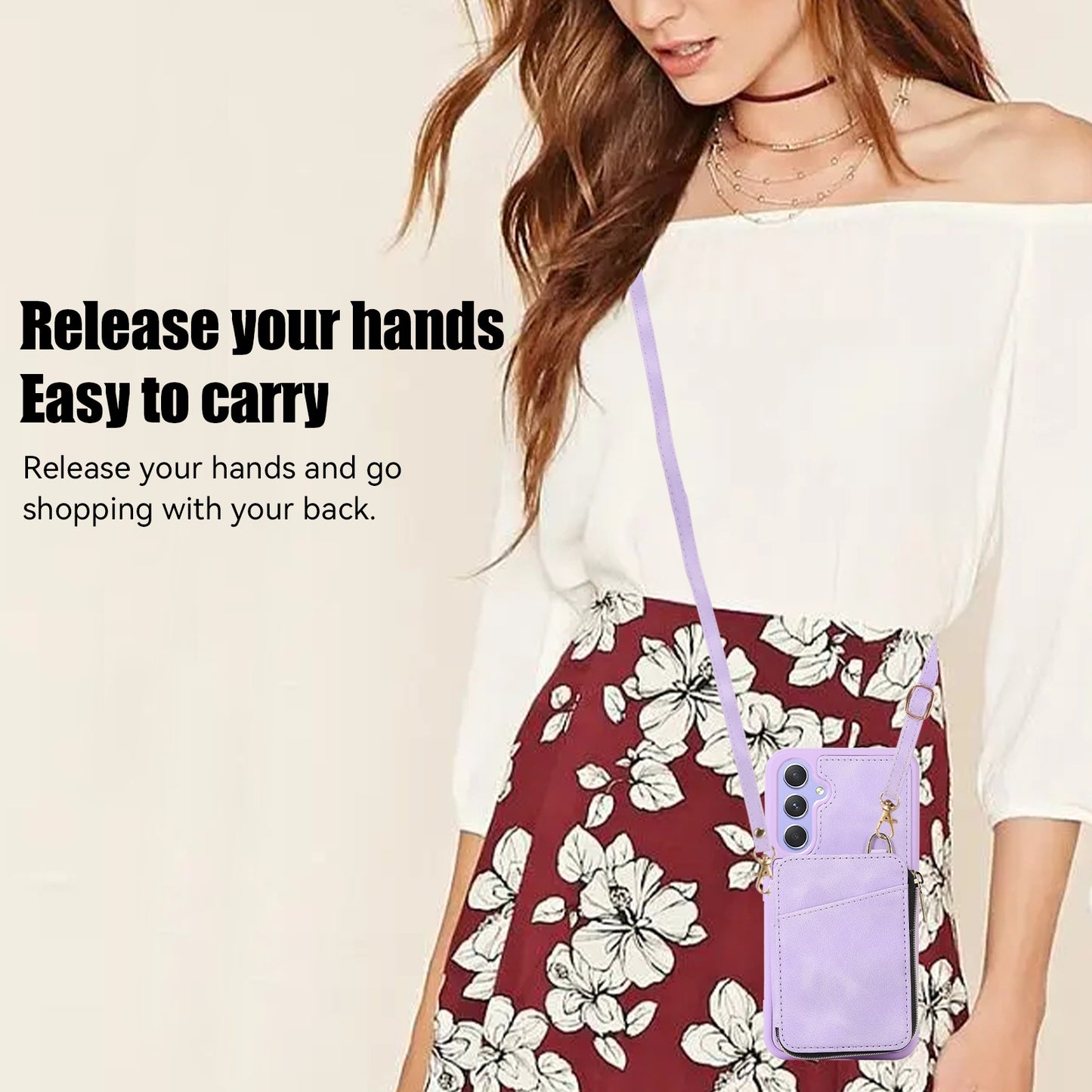 For Samsung Galaxy S24+ Case Leather TPU Cover with Zipper Card Bag Strap - Purple