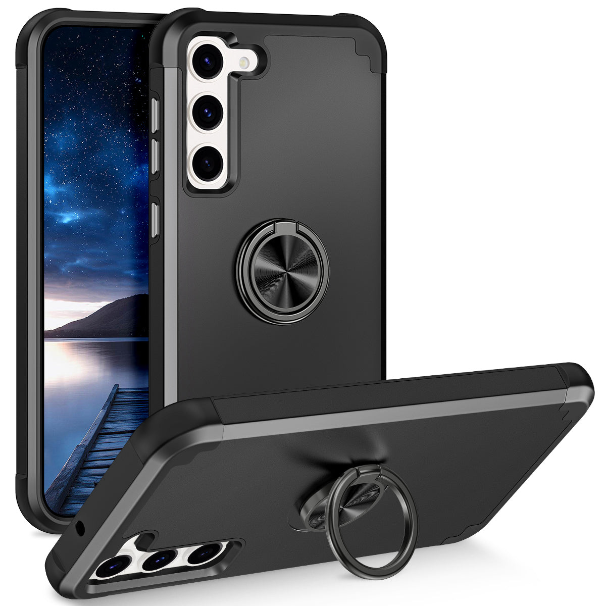 For Samsung Galaxy S24 Back Case Ring Kickstand Shockproof Phone Protective Cover - Black