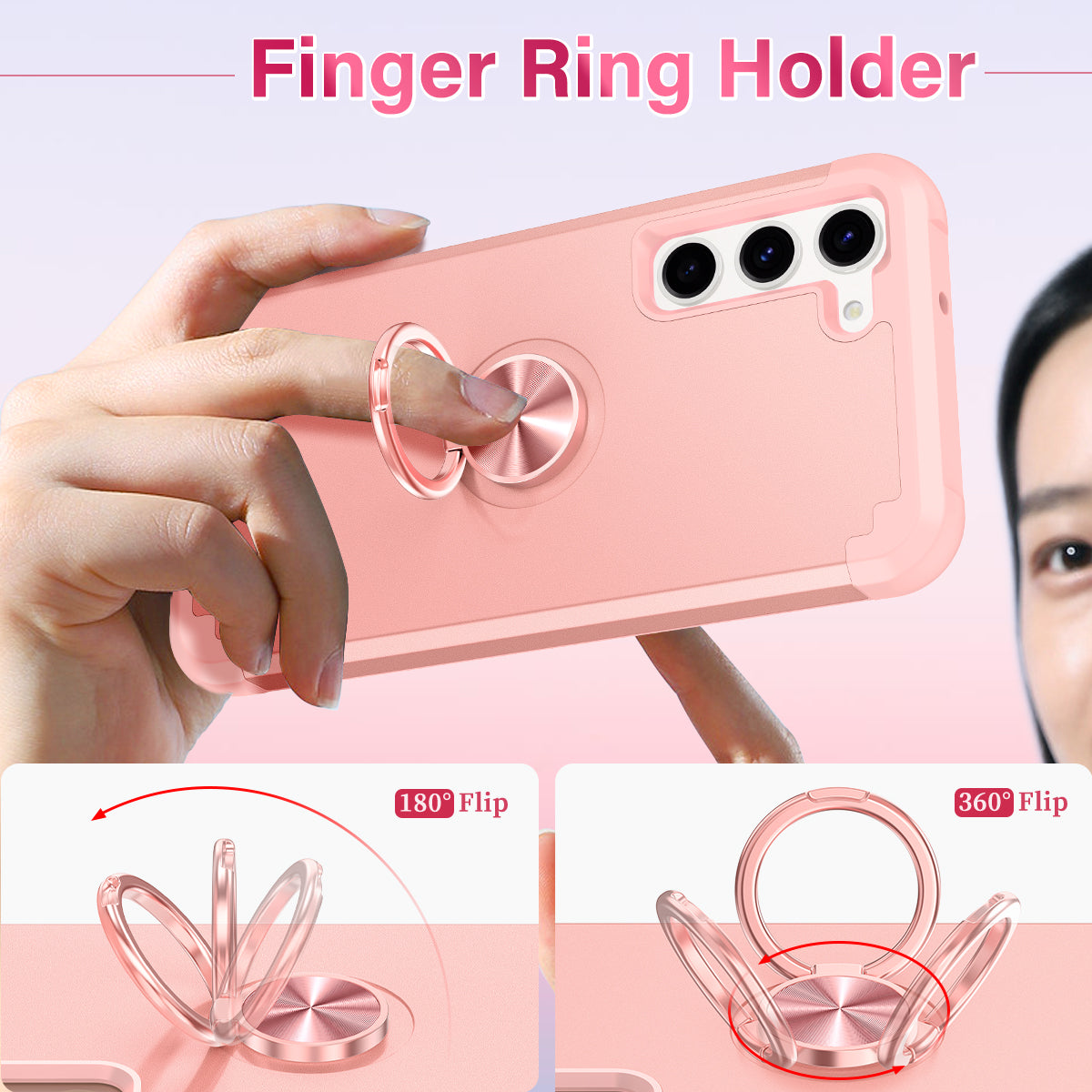 For Samsung Galaxy S24 Back Case Ring Kickstand Shockproof Phone Protective Cover - Rose Gold