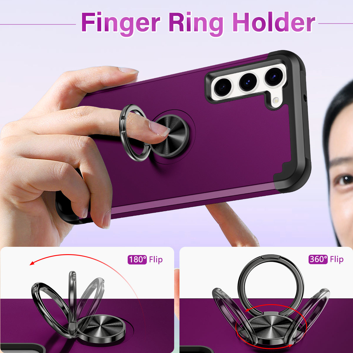 For Samsung Galaxy S24 Back Case Ring Kickstand Shockproof Phone Protective Cover - Dark Purple