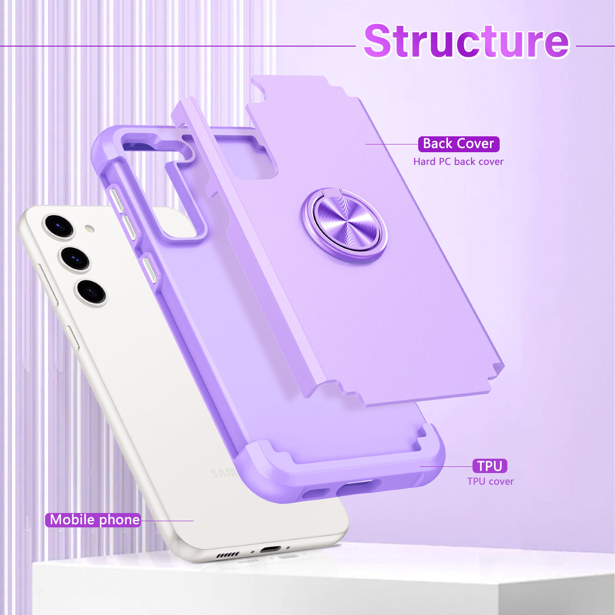 For Samsung Galaxy S24+ Hybrid Case PC+TPU Phone Back Cover Protector with Kickstand - Purple