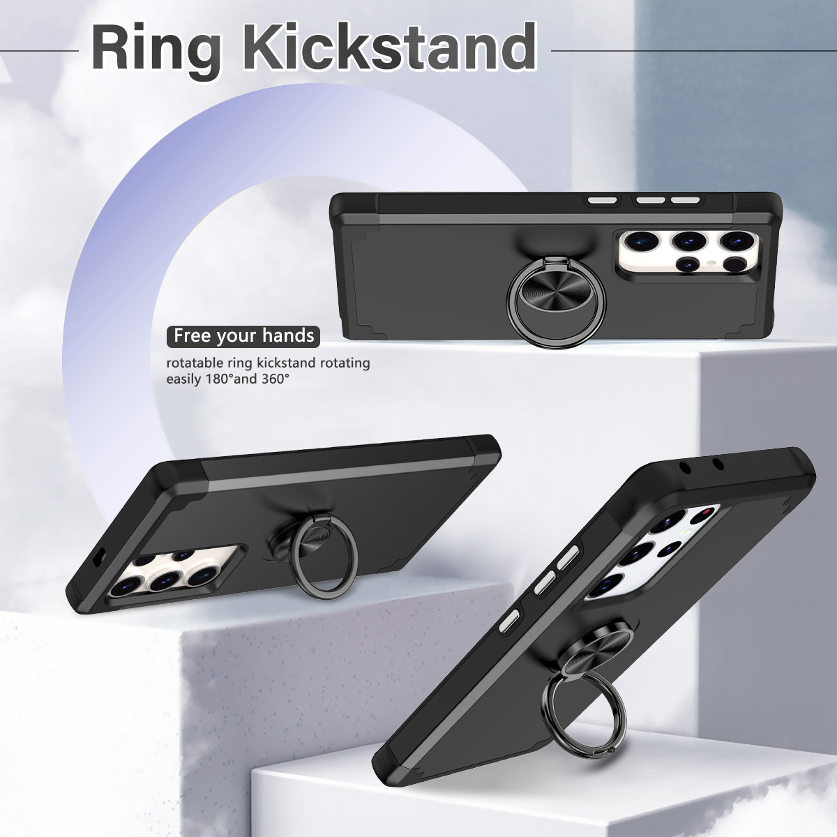 For Samsung Galaxy S24 Ultra Back Case with Kickstand PC+TPU Anti-drop Cover Protector - Black