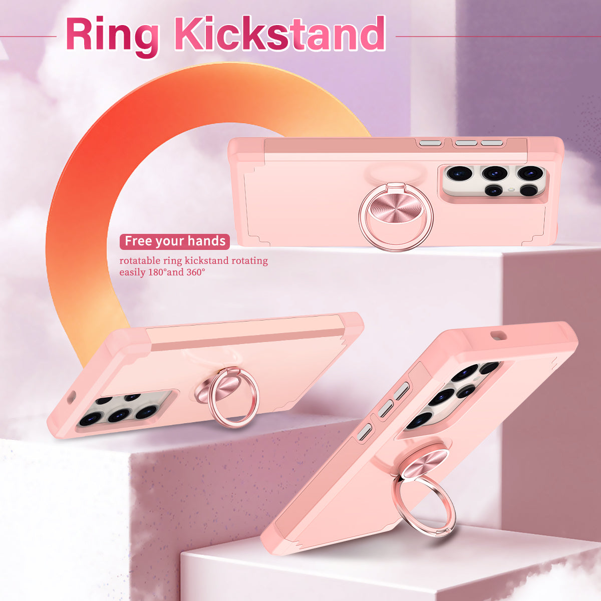 For Samsung Galaxy S24 Ultra Back Case with Kickstand PC+TPU Anti-drop Cover Protector - Rose Gold