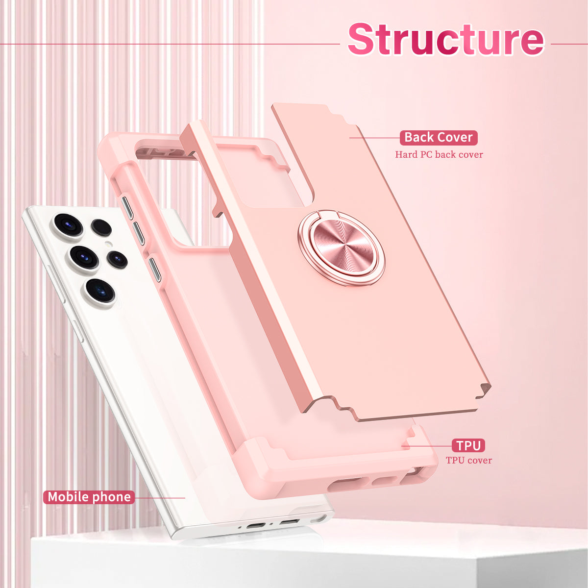 For Samsung Galaxy S24 Ultra Back Case with Kickstand PC+TPU Anti-drop Cover Protector - Rose Gold