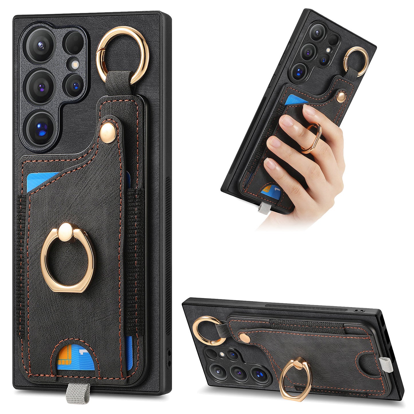 For Samsung Galaxy S24 Ultra Back Case Shockproof Leather Cover with Card Slot Holder - Black