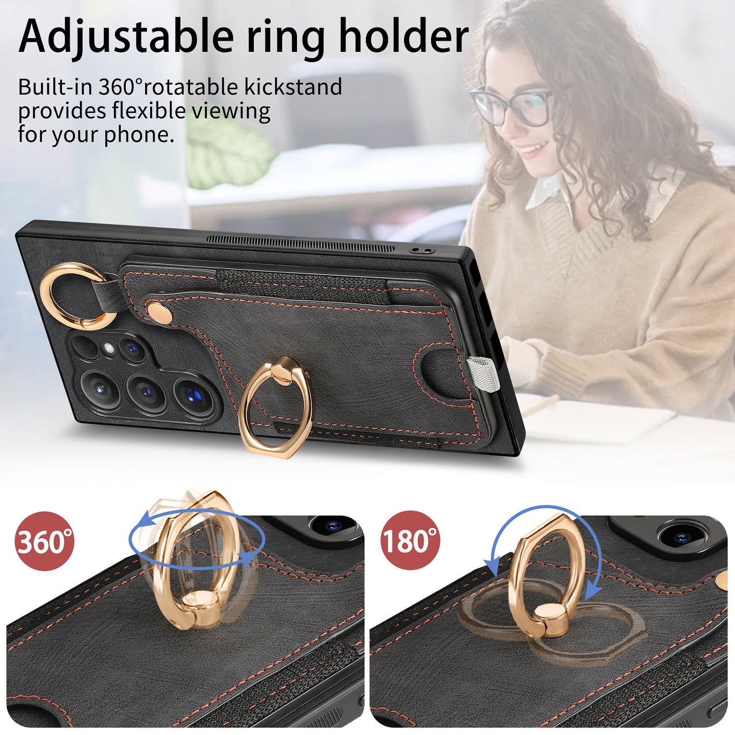 For Samsung Galaxy S24 Ultra Back Case Shockproof Leather Cover with Card Slot Holder - Black