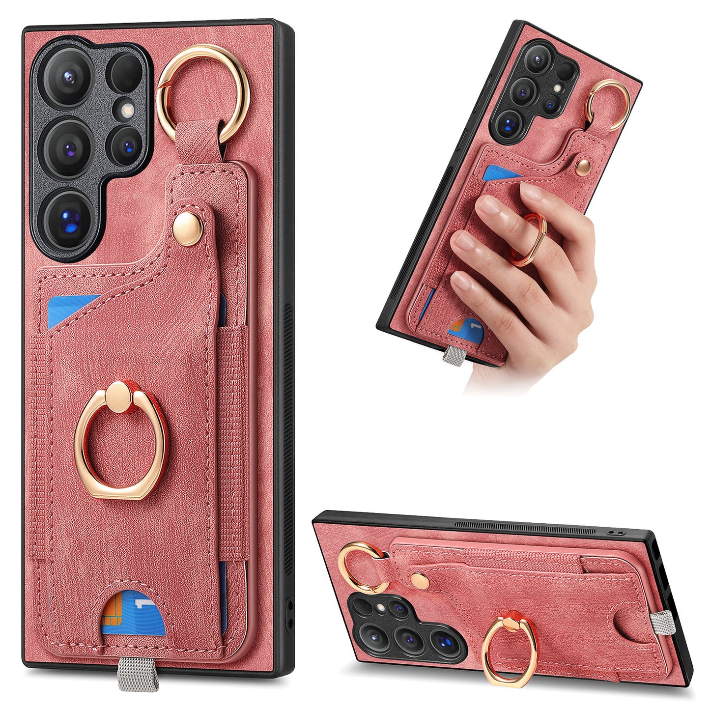 For Samsung Galaxy S24 Ultra Back Case Shockproof Leather Cover with Card Slot Holder - Pink