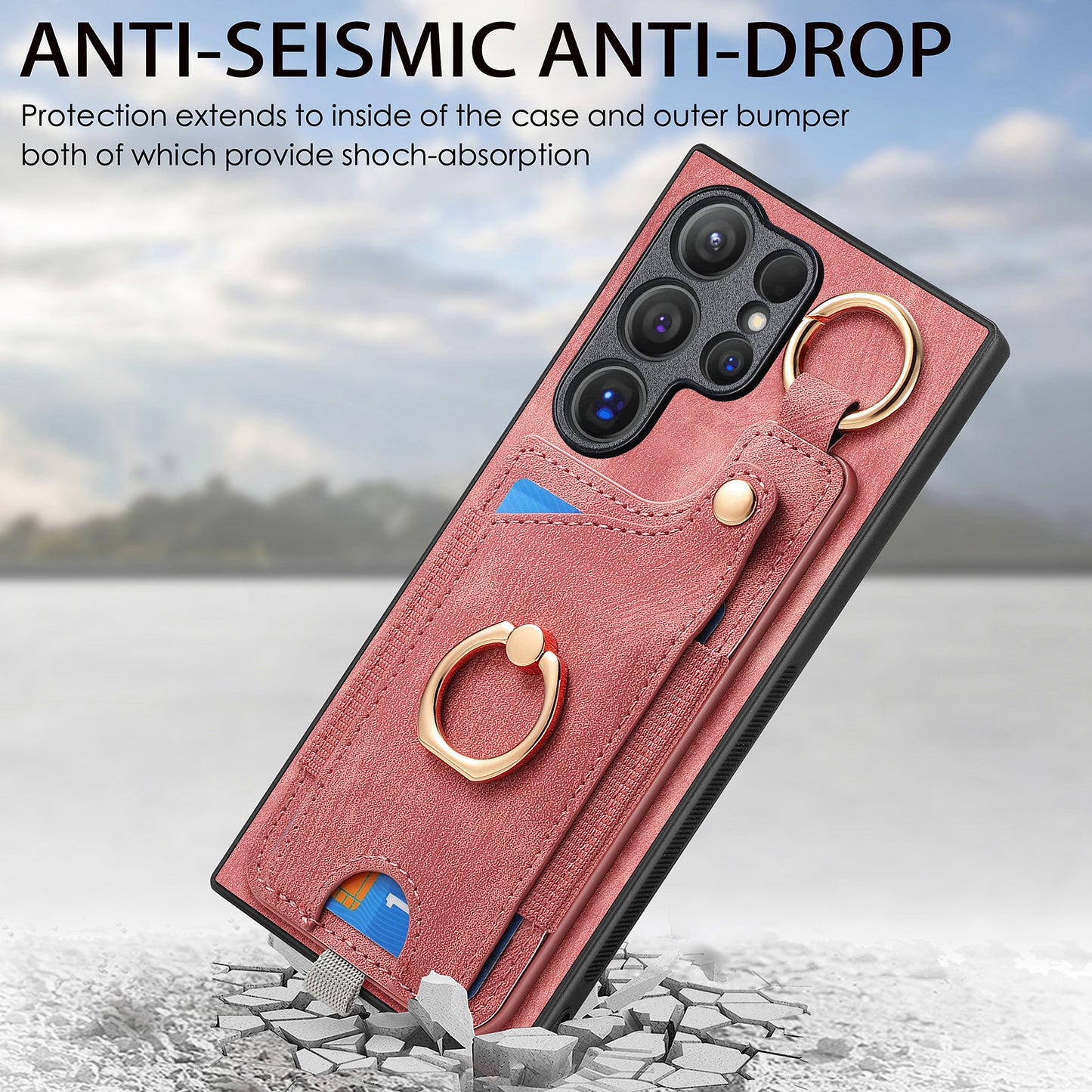 For Samsung Galaxy S24 Ultra Back Case Shockproof Leather Cover with Card Slot Holder - Pink