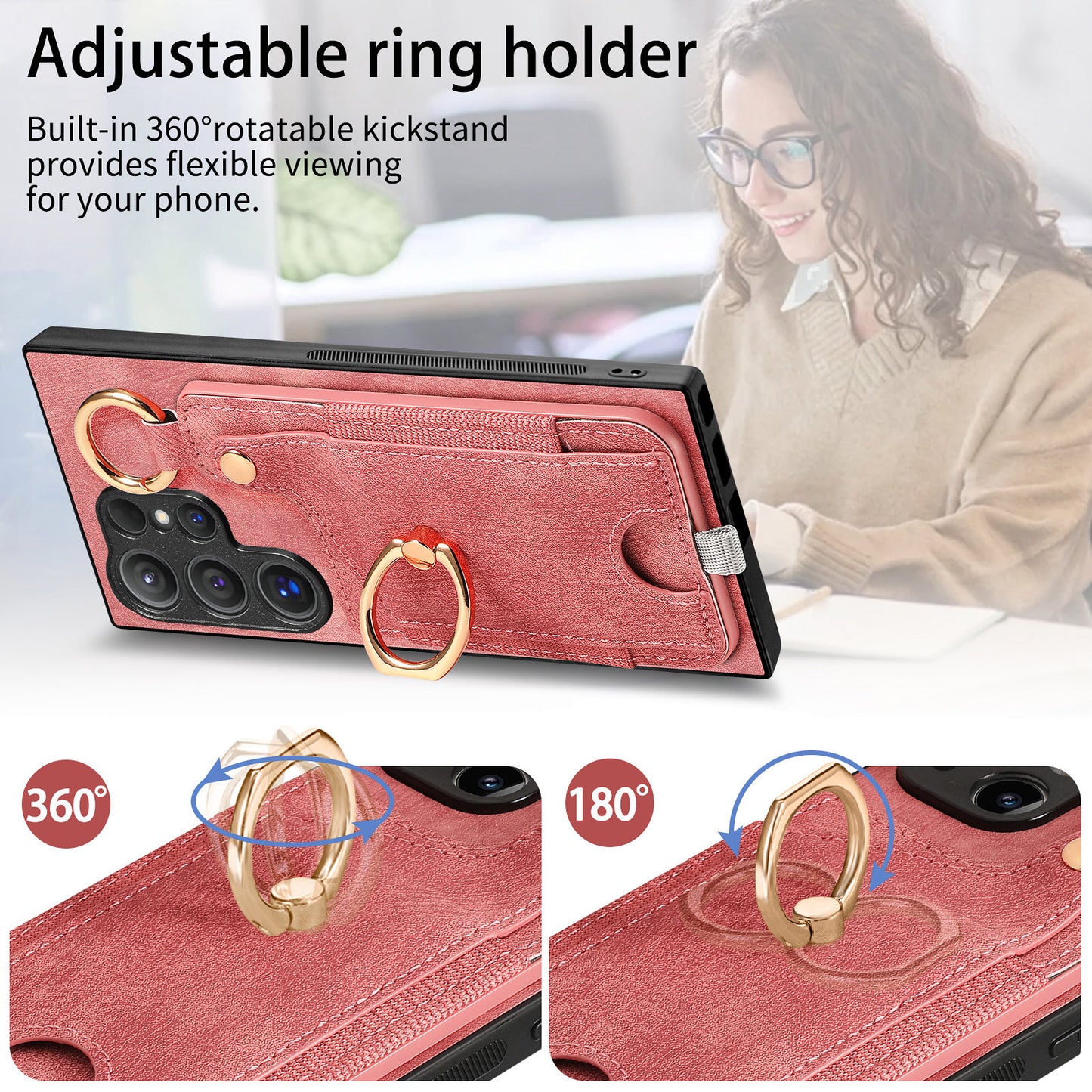 For Samsung Galaxy S24 Ultra Back Case Shockproof Leather Cover with Card Slot Holder - Pink