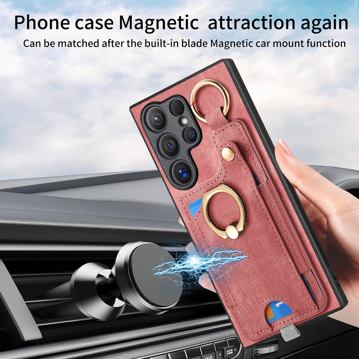 For Samsung Galaxy S24 Ultra Back Case Shockproof Leather Cover with Card Slot Holder - Pink