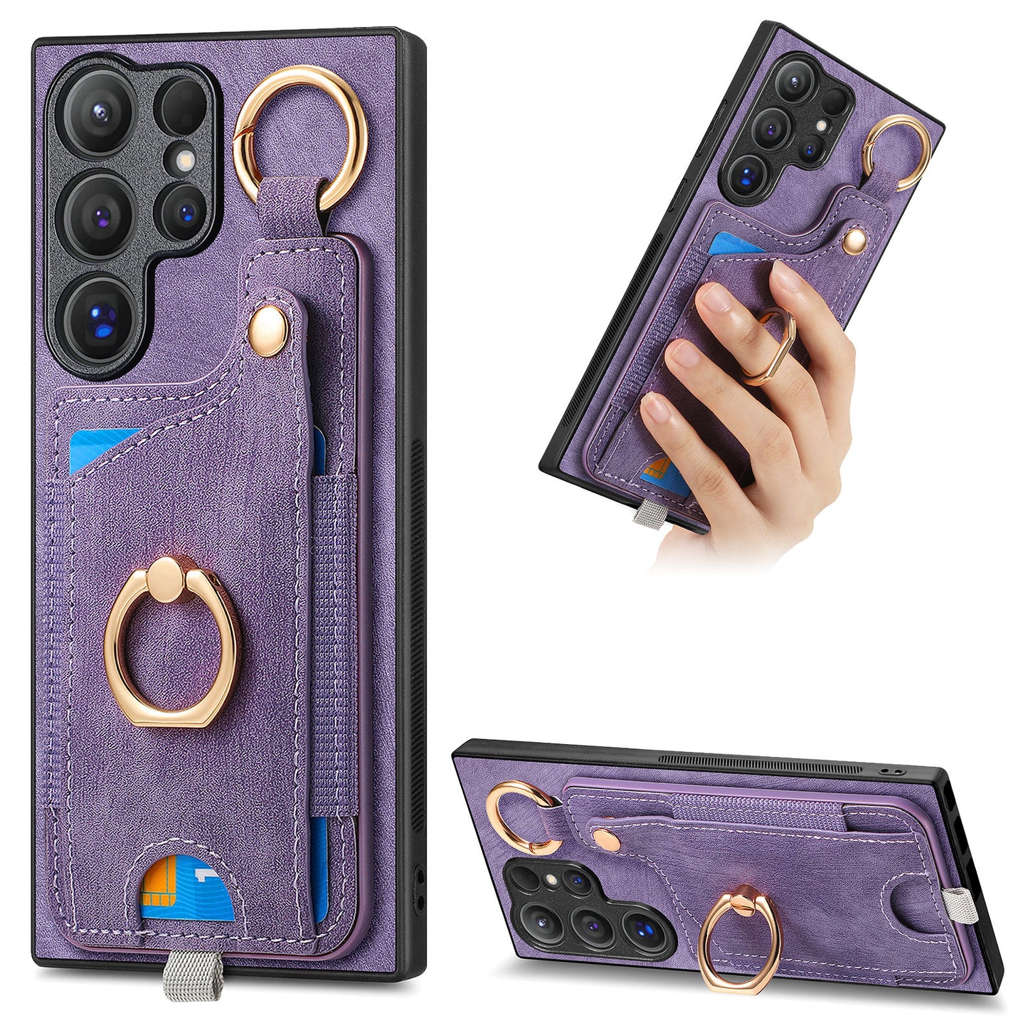 For Samsung Galaxy S24 Ultra Back Case Shockproof Leather Cover with Card Slot Holder - Purple