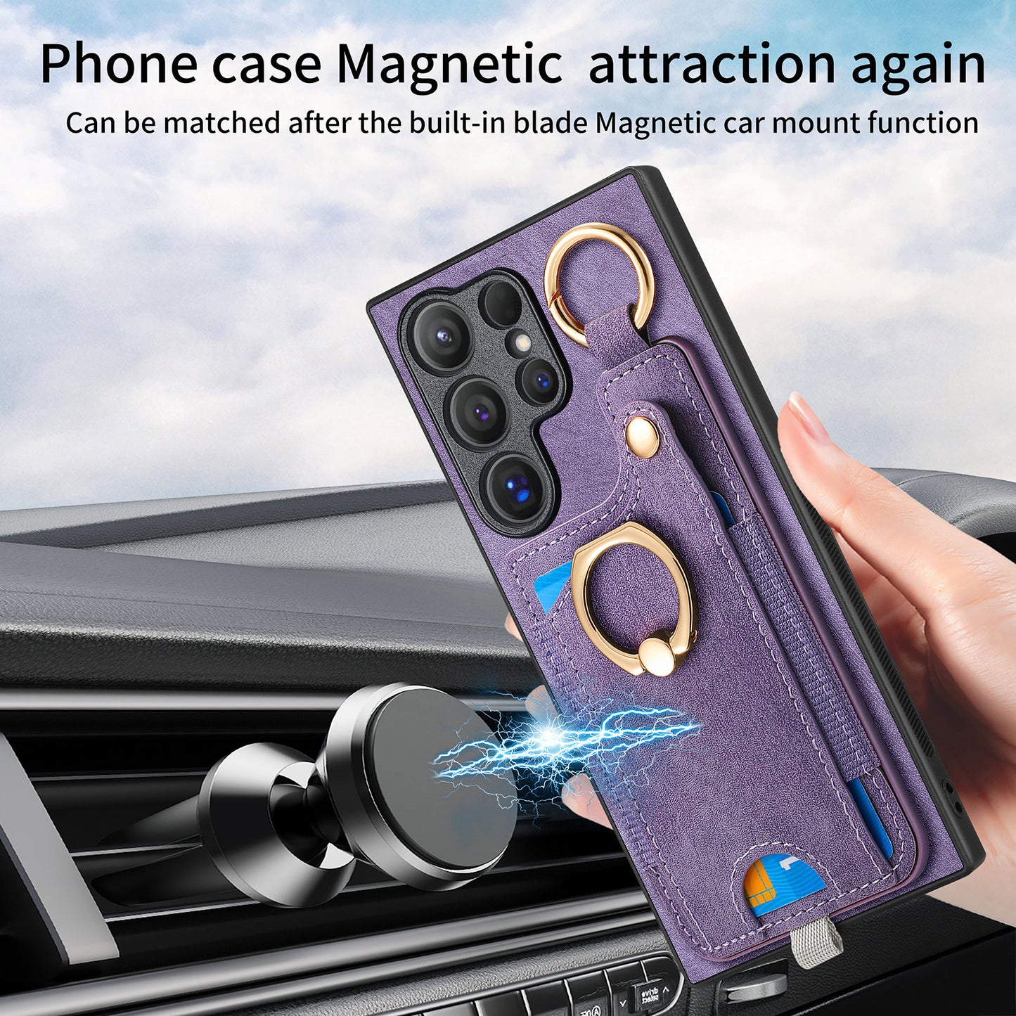 For Samsung Galaxy S24 Ultra Back Case Shockproof Leather Cover with Card Slot Holder - Purple