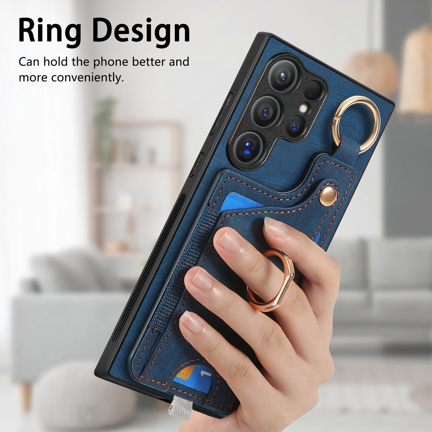 For Samsung Galaxy S24 Ultra Back Case Shockproof Leather Cover with Card Slot Holder - Blue