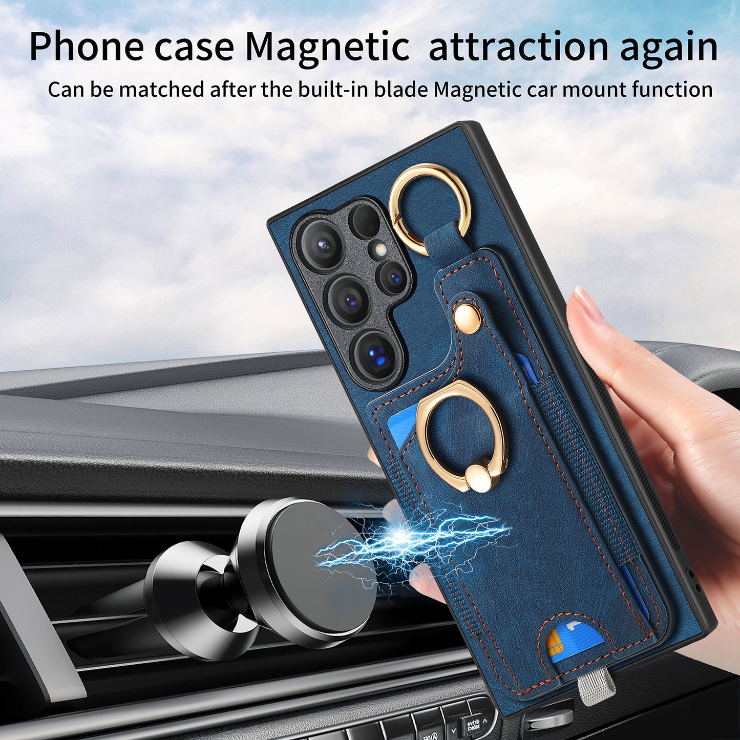 For Samsung Galaxy S24 Ultra Back Case Shockproof Leather Cover with Card Slot Holder - Blue