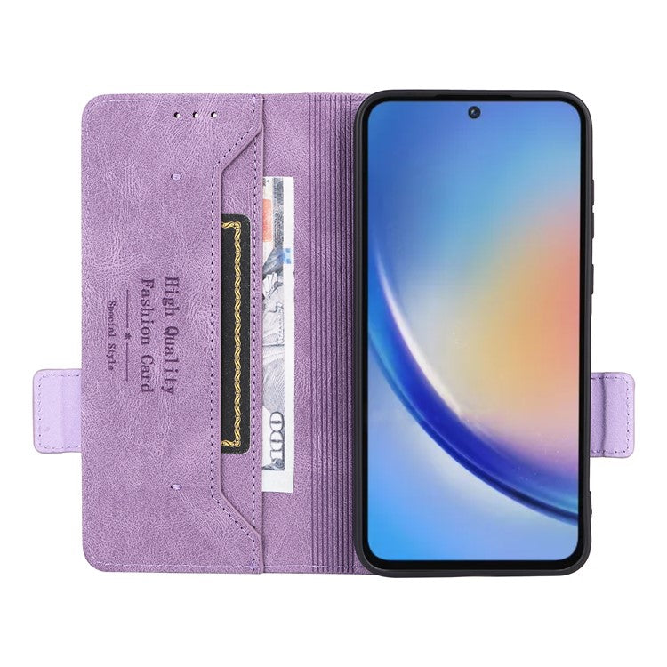 For Samsung Galaxy A35 5G Case Anti-scratch Hardware Decor Leather Phone Stand Cover - Purple