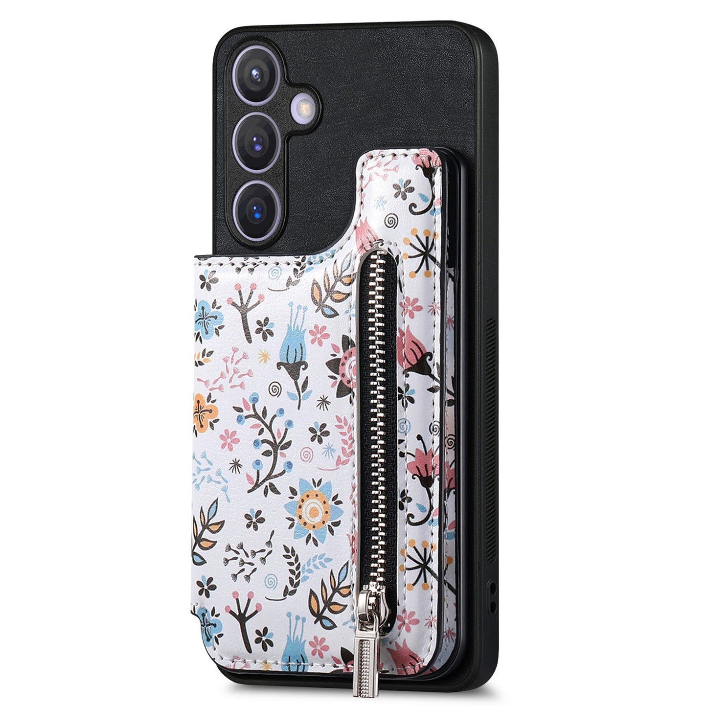 D10 For Samsung Galaxy S24+ Cell Phone Case Pattern Printing Card Bag Zipper Wallet Cover - Black