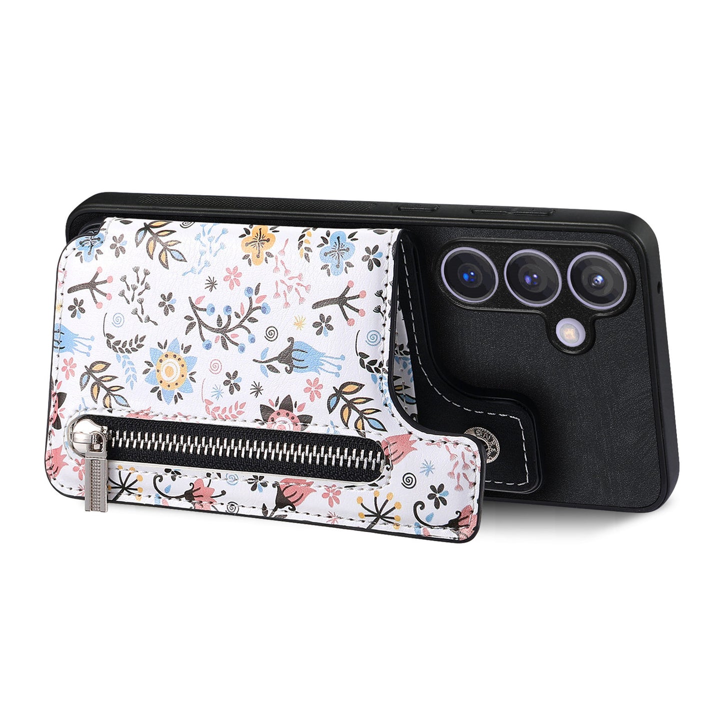 D10 For Samsung Galaxy S24+ Cell Phone Case Pattern Printing Card Bag Zipper Wallet Cover - Black