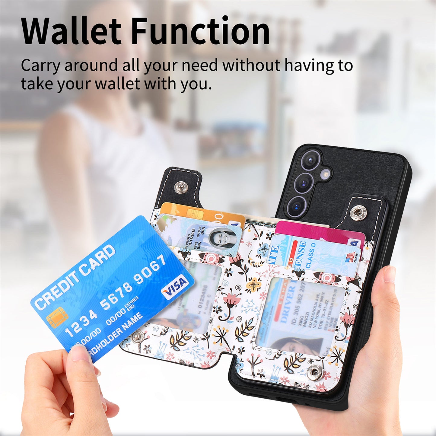 D10 For Samsung Galaxy S24+ Cell Phone Case Pattern Printing Card Bag Zipper Wallet Cover - Black