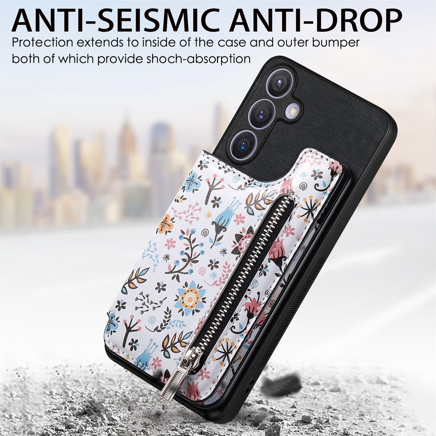 D10 For Samsung Galaxy S24+ Cell Phone Case Pattern Printing Card Bag Zipper Wallet Cover - Black