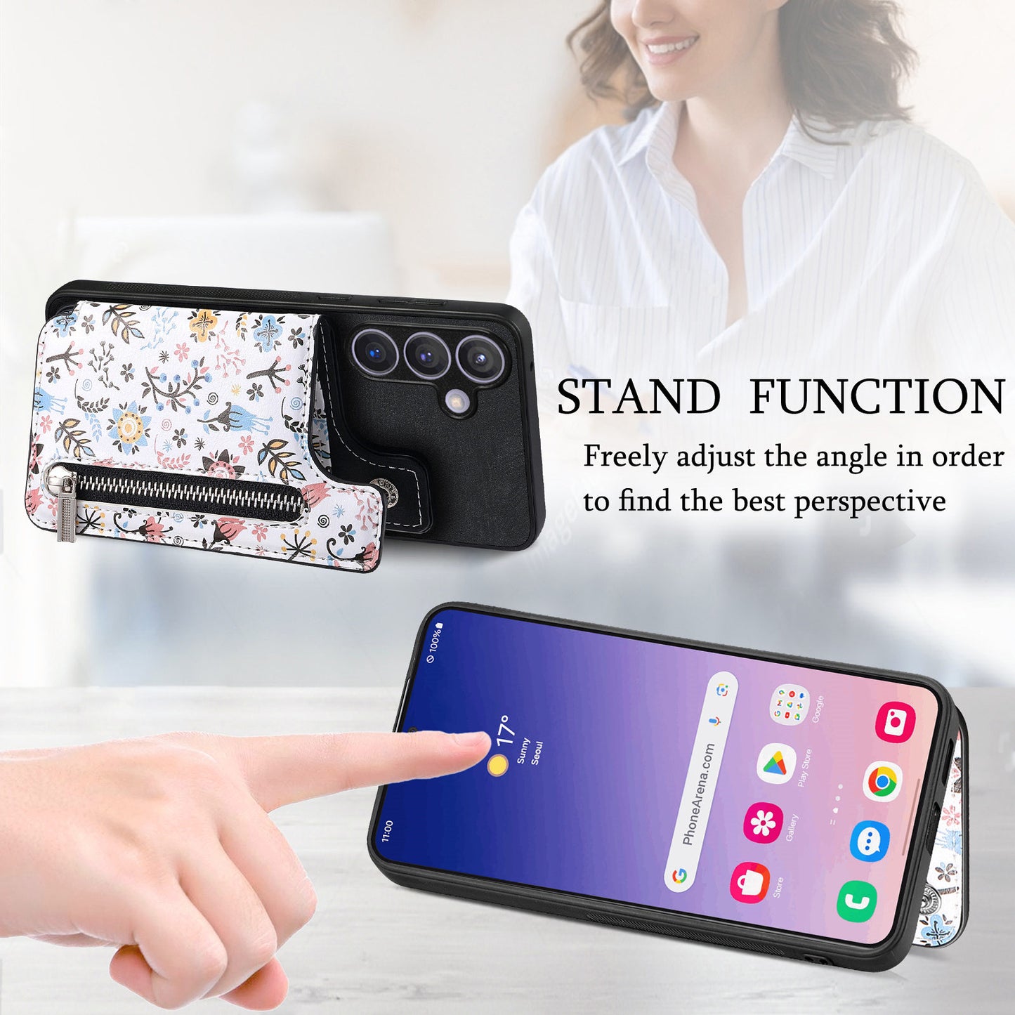 D10 For Samsung Galaxy S24+ Cell Phone Case Pattern Printing Card Bag Zipper Wallet Cover - Black