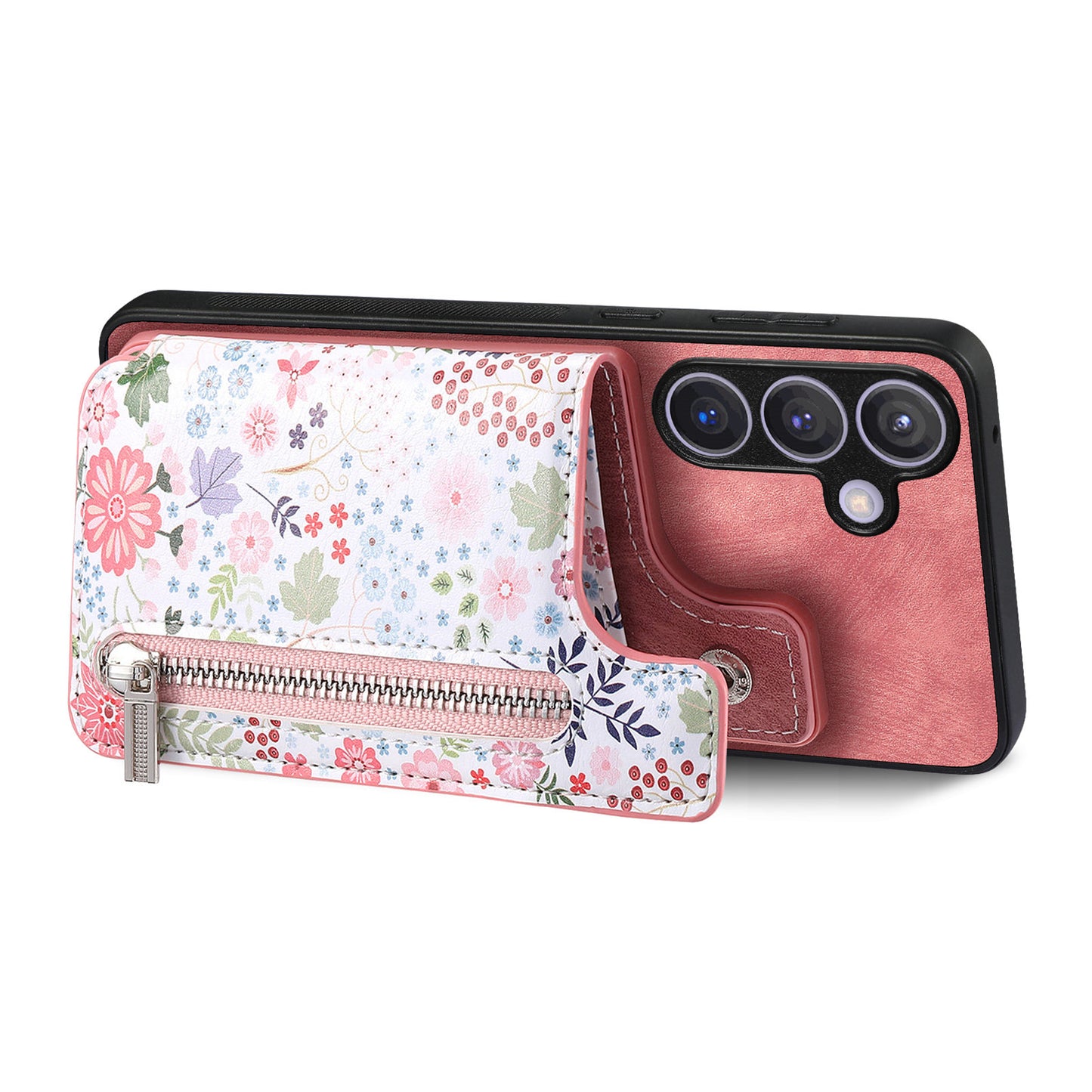 D10 For Samsung Galaxy S24+ Cell Phone Case Pattern Printing Card Bag Zipper Wallet Cover - Pink