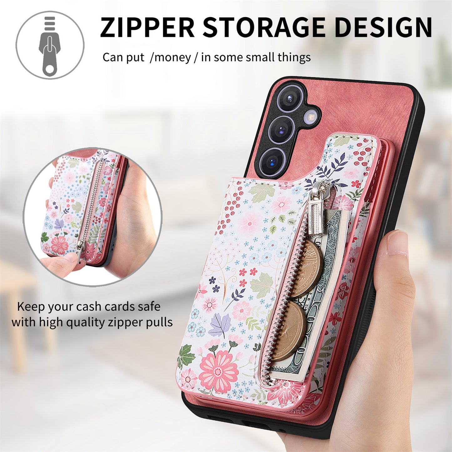 D10 For Samsung Galaxy S24+ Cell Phone Case Pattern Printing Card Bag Zipper Wallet Cover - Pink