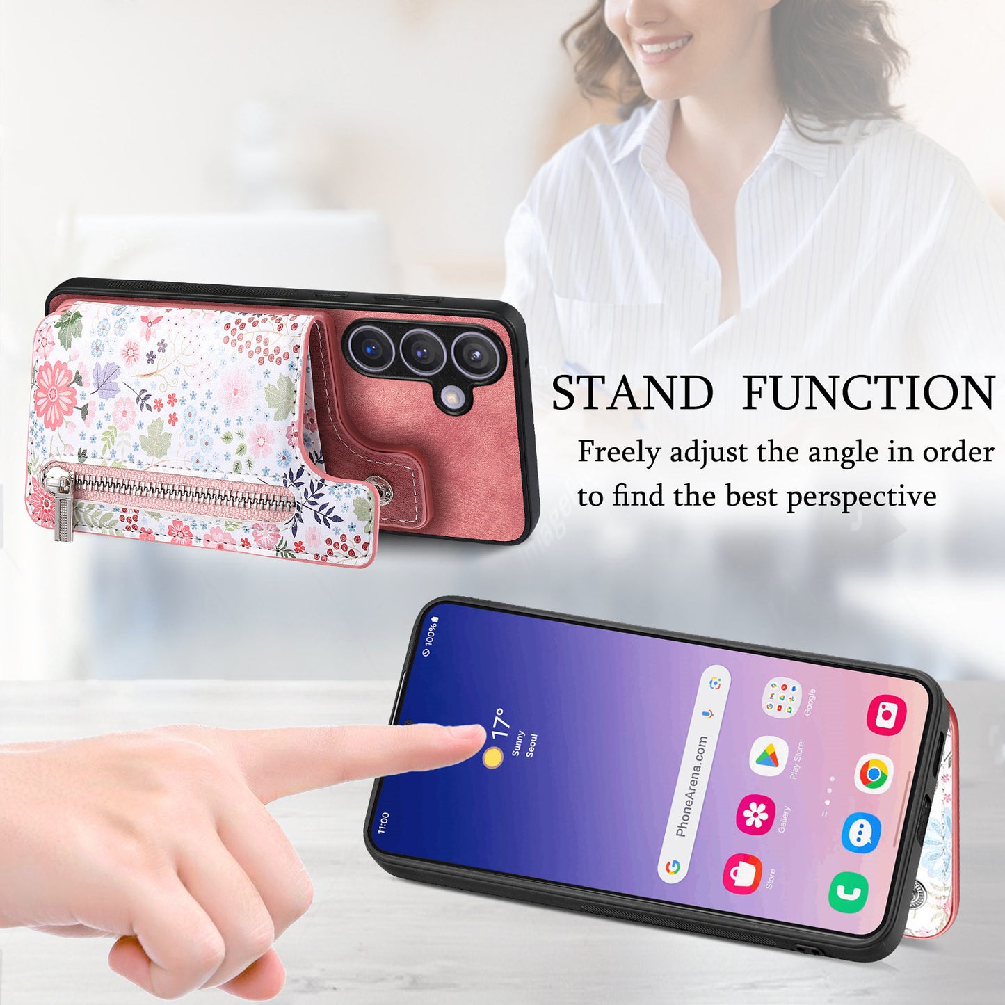 D10 For Samsung Galaxy S24+ Cell Phone Case Pattern Printing Card Bag Zipper Wallet Cover - Pink