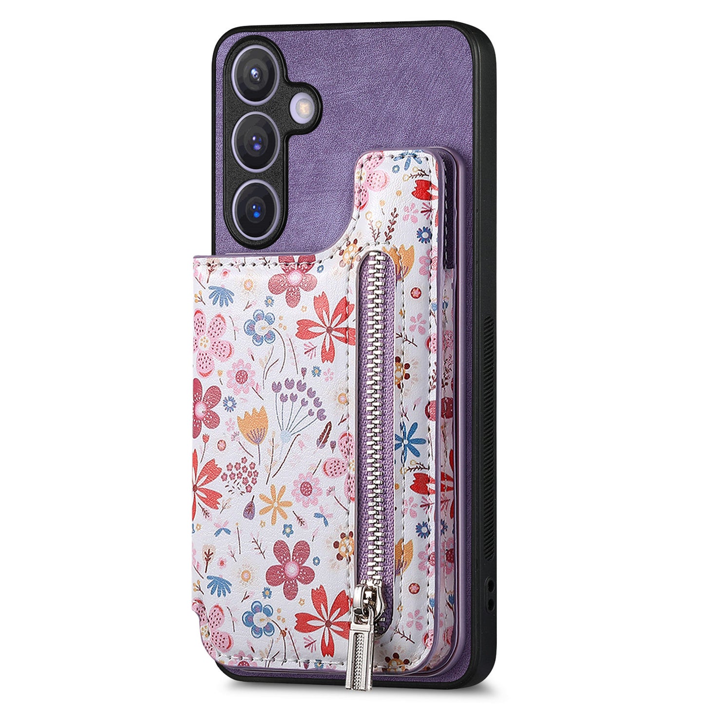 D10 For Samsung Galaxy S24+ Cell Phone Case Pattern Printing Card Bag Zipper Wallet Cover - Purple