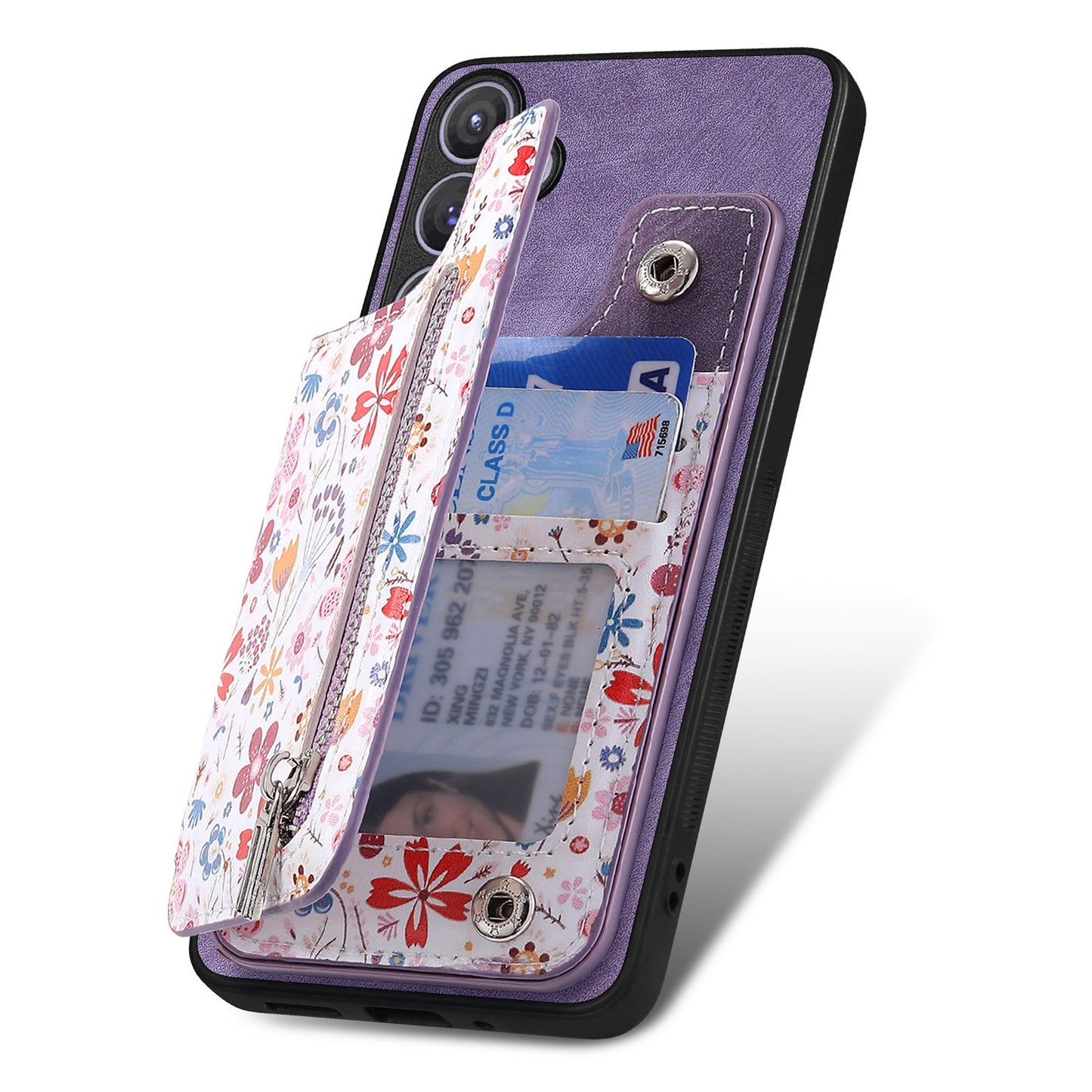 D10 For Samsung Galaxy S24+ Cell Phone Case Pattern Printing Card Bag Zipper Wallet Cover - Purple