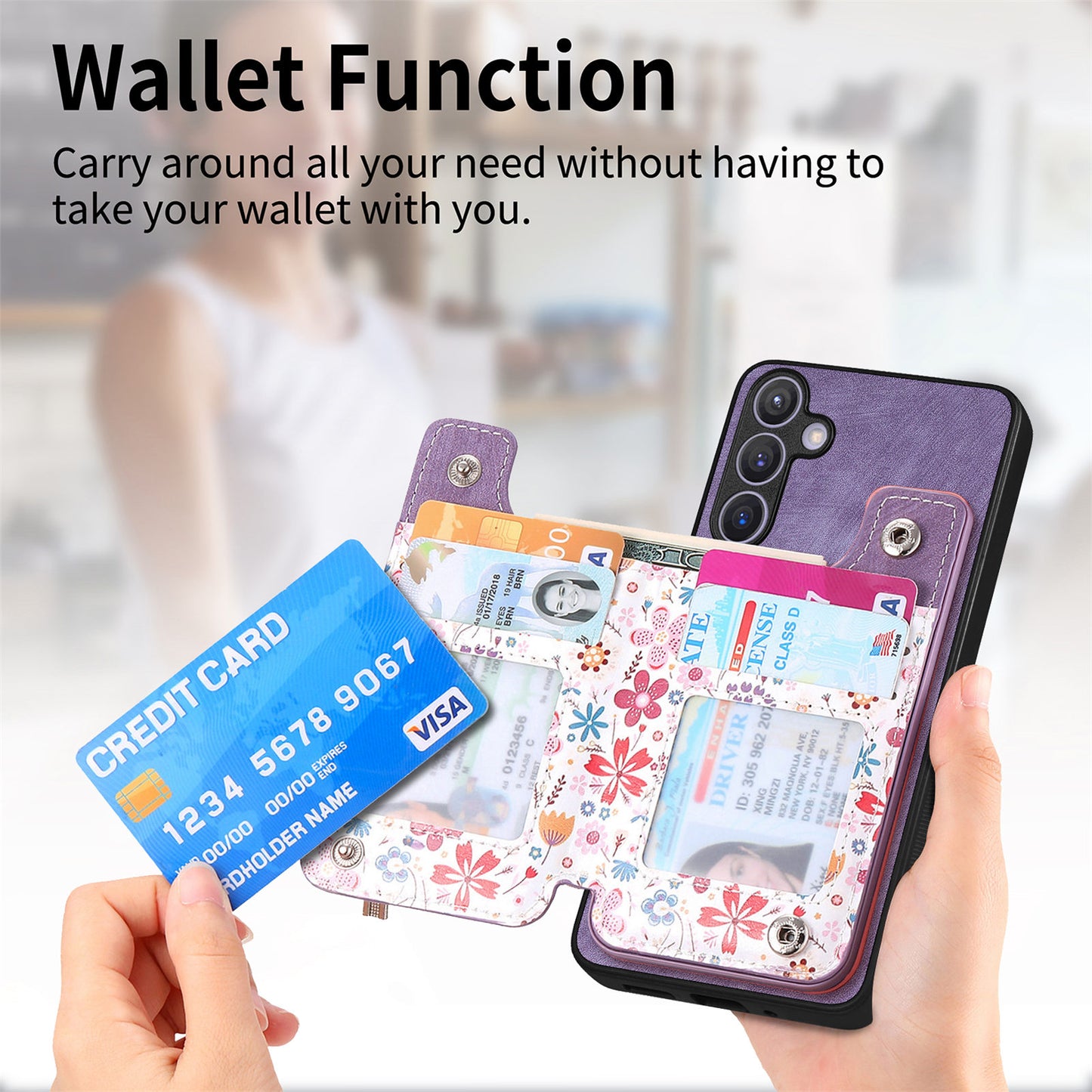 D10 For Samsung Galaxy S24+ Cell Phone Case Pattern Printing Card Bag Zipper Wallet Cover - Purple