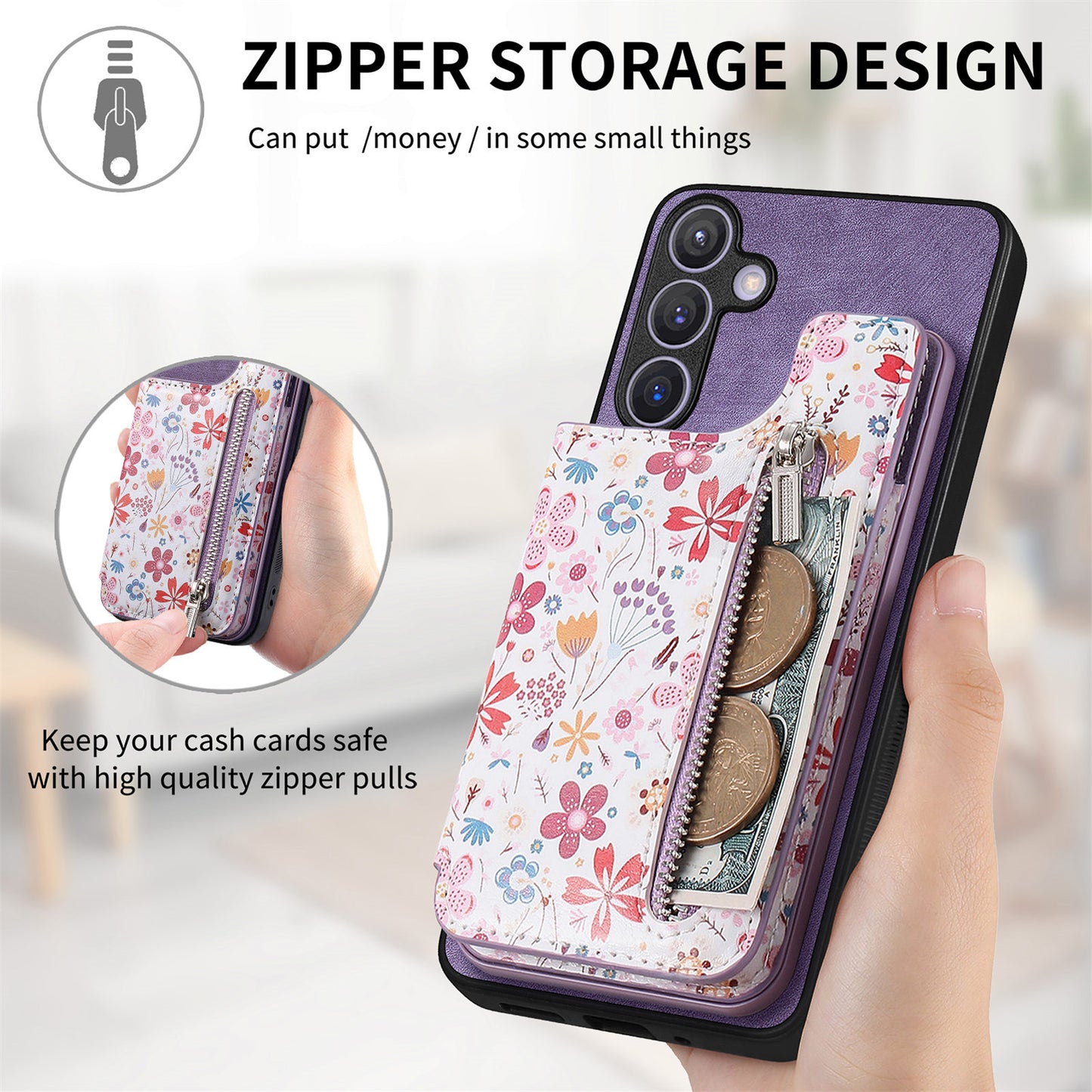 D10 For Samsung Galaxy S24+ Cell Phone Case Pattern Printing Card Bag Zipper Wallet Cover - Purple