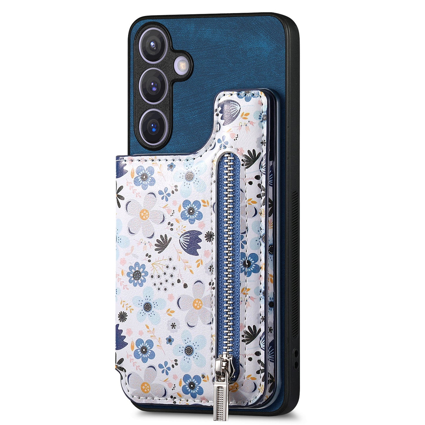 D10 For Samsung Galaxy S24+ Cell Phone Case Pattern Printing Card Bag Zipper Wallet Cover - Blue