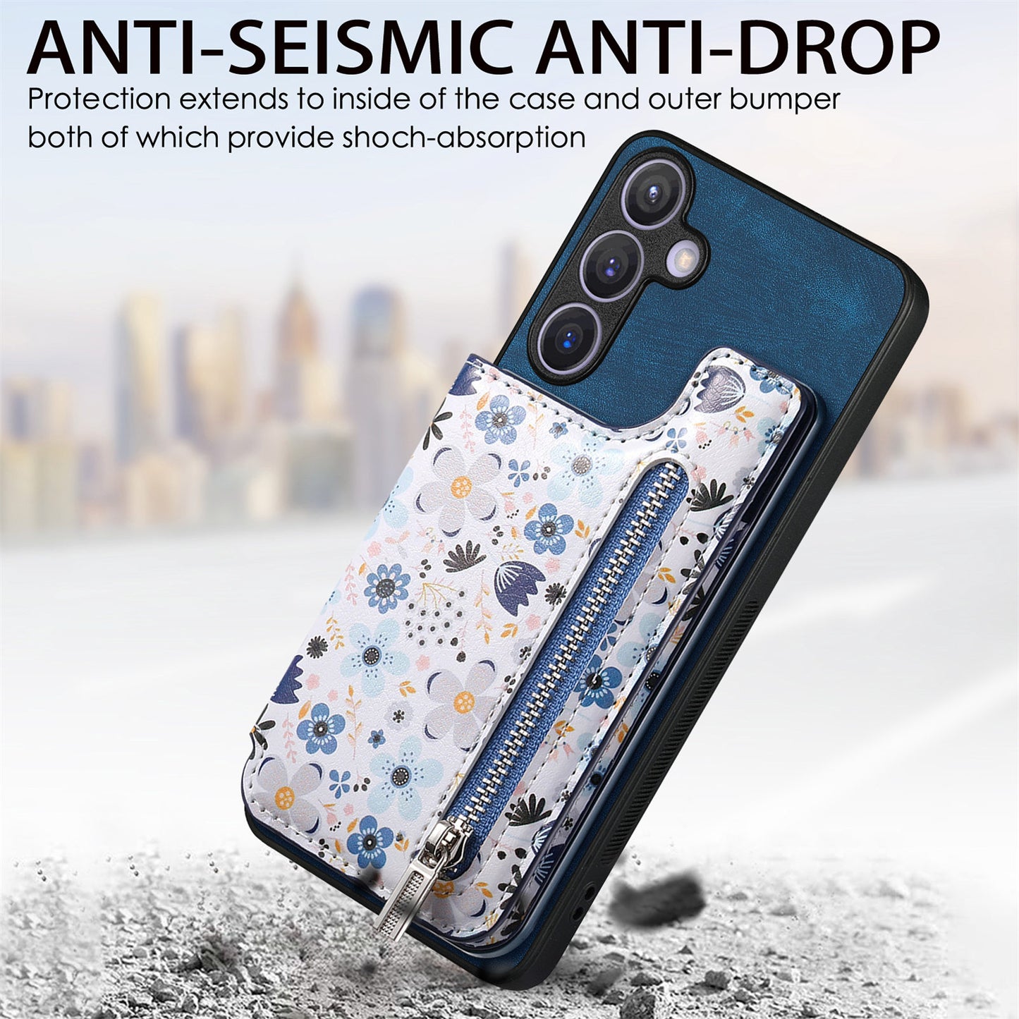 D10 For Samsung Galaxy S24+ Cell Phone Case Pattern Printing Card Bag Zipper Wallet Cover - Blue
