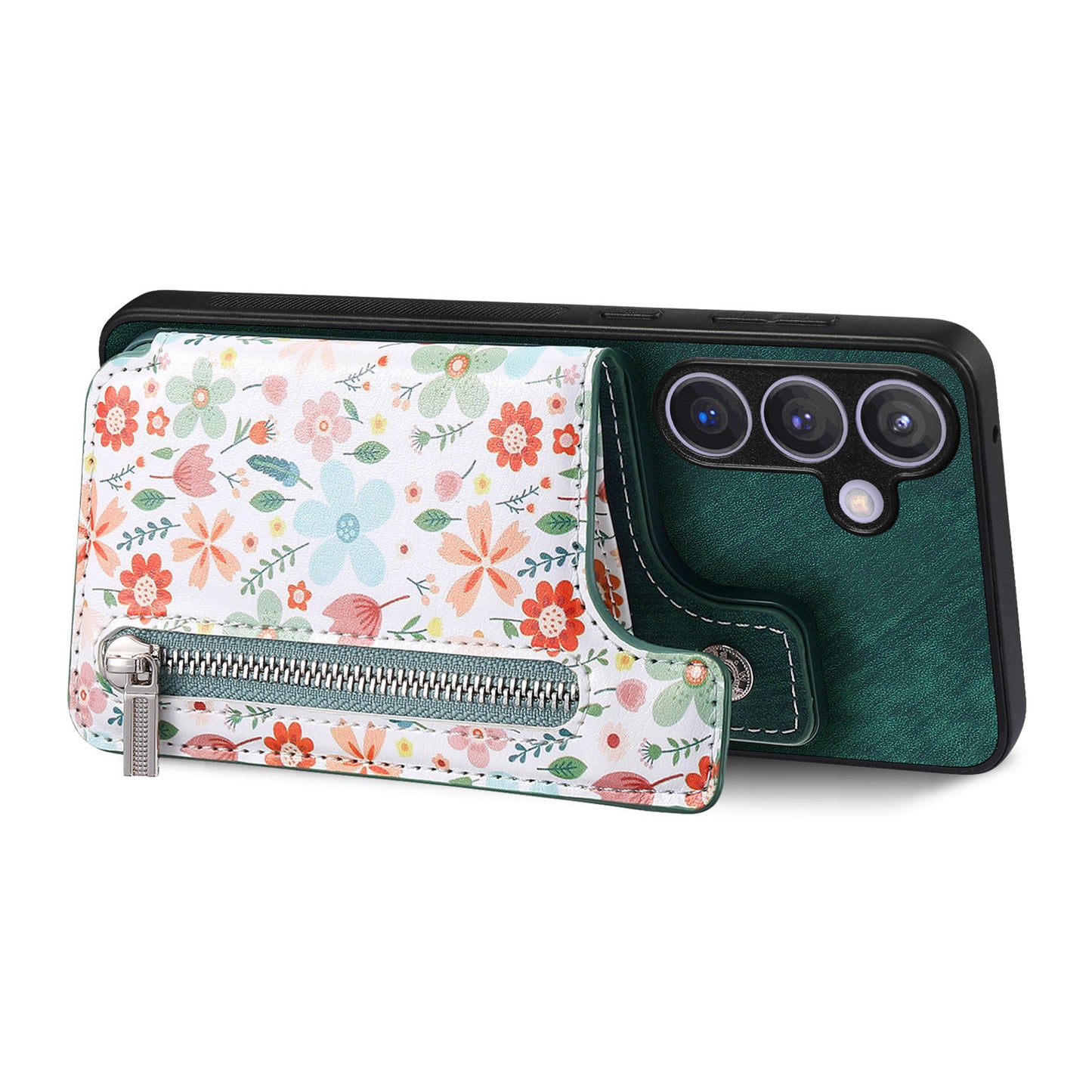 D10 For Samsung Galaxy S24+ Cell Phone Case Pattern Printing Card Bag Zipper Wallet Cover - Green