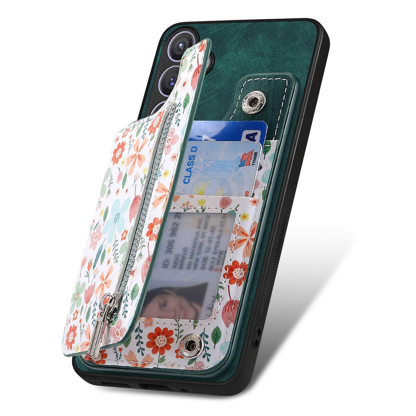 D10 For Samsung Galaxy S24+ Cell Phone Case Pattern Printing Card Bag Zipper Wallet Cover - Green