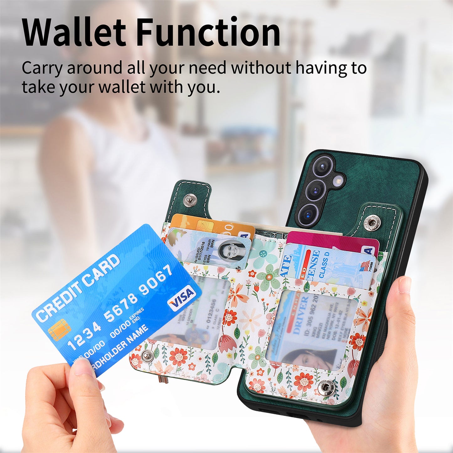 D10 For Samsung Galaxy S24+ Cell Phone Case Pattern Printing Card Bag Zipper Wallet Cover - Green
